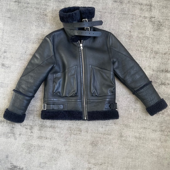 Sandro amber shearling black leather jacket coat - Picture 7 of 7